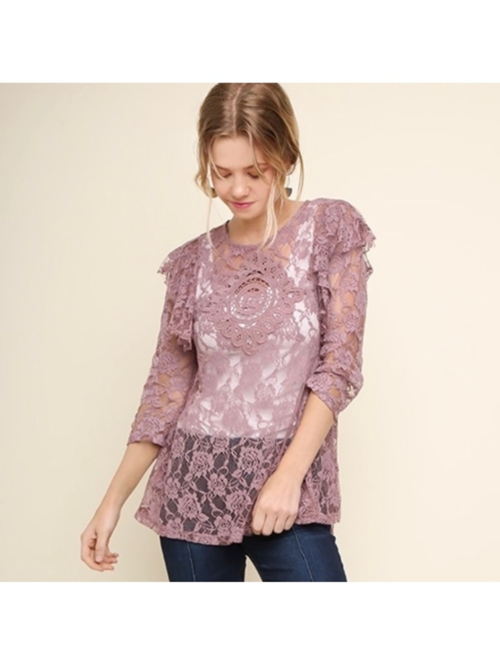 Umgee Mauve Lace Medallion Peplum Blouse